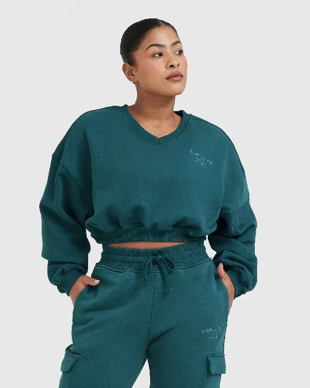 Sportswear/Tops outdoor activities-All Day Est 2020 Crop V-Neck Sweatshirt | Marine Teal