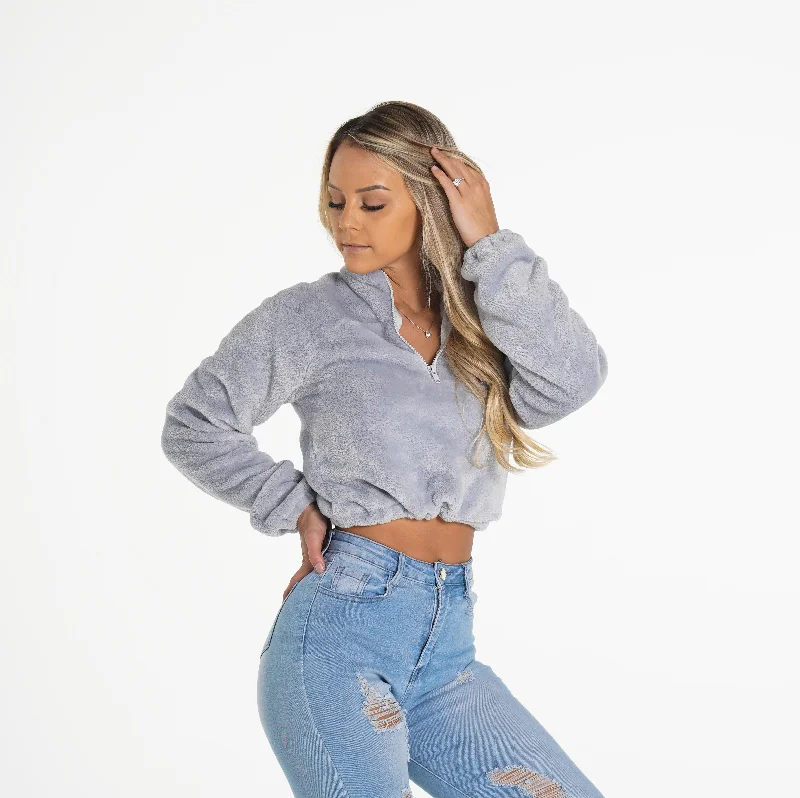 Sportswear/Tops online shopping-Cool Grey Cropped Teddy Fleece