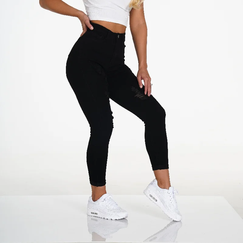 Sportswear/Tops solid colors-Navishape Black Ripped Jeans