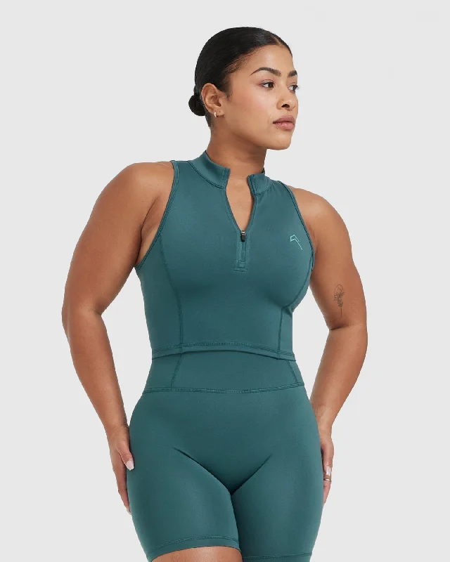 Sportswear/Tops running shirts-Timeless Half Zip Crop Tank | Marine Teal