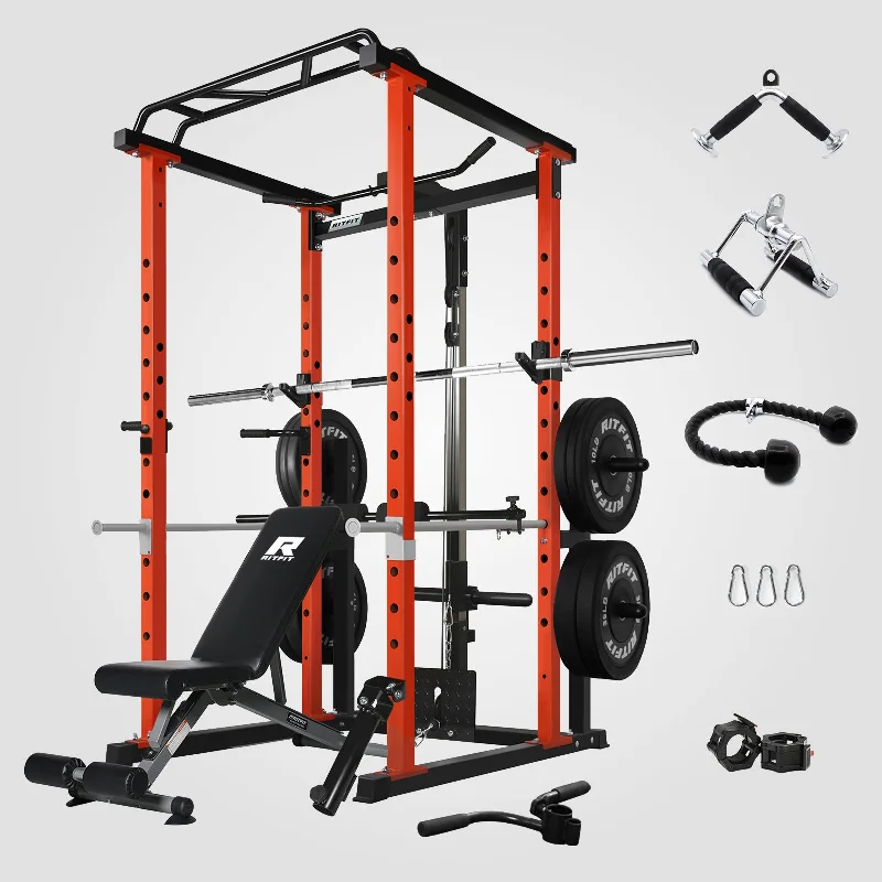 Multi-station home gym with foldable frame-RitFit PPC02 Power Cage Home Gym Package with Optional LAT PullDown Attachment