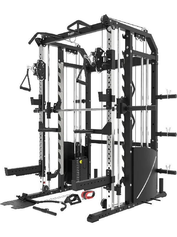 Multi-station home gym for full-body fitness-BLAZZED PLUS ALL-IN-ONE FUNCTIONAL TRAINER CABLE CROSSOVER CAGE HOME GYM W/ SMITH MACHINE WITH LAT SEAT ATTACHMENT  BD-MPR-M3-A