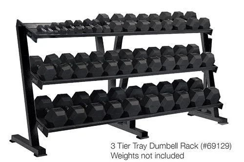 Barbell with solid grip-York Barbell 3-Tier Tray Dumbbell Rack -Black 69129