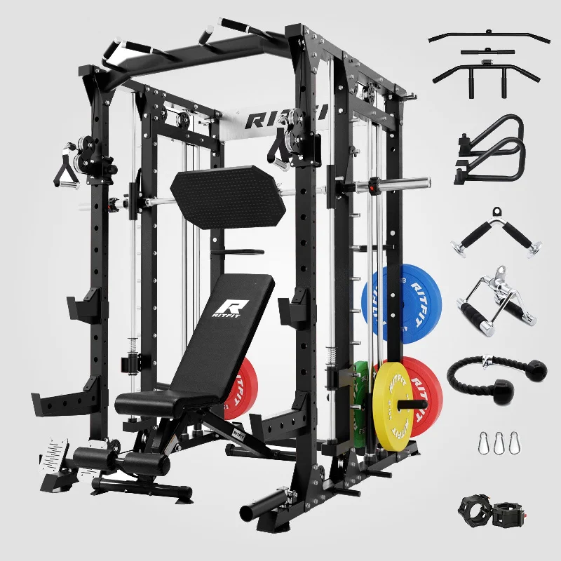 Multi-station home gym for muscle strength-RitFit BUFFALO Smith Machine Home Gym Package with Lat Pull Down and Cable Crossover