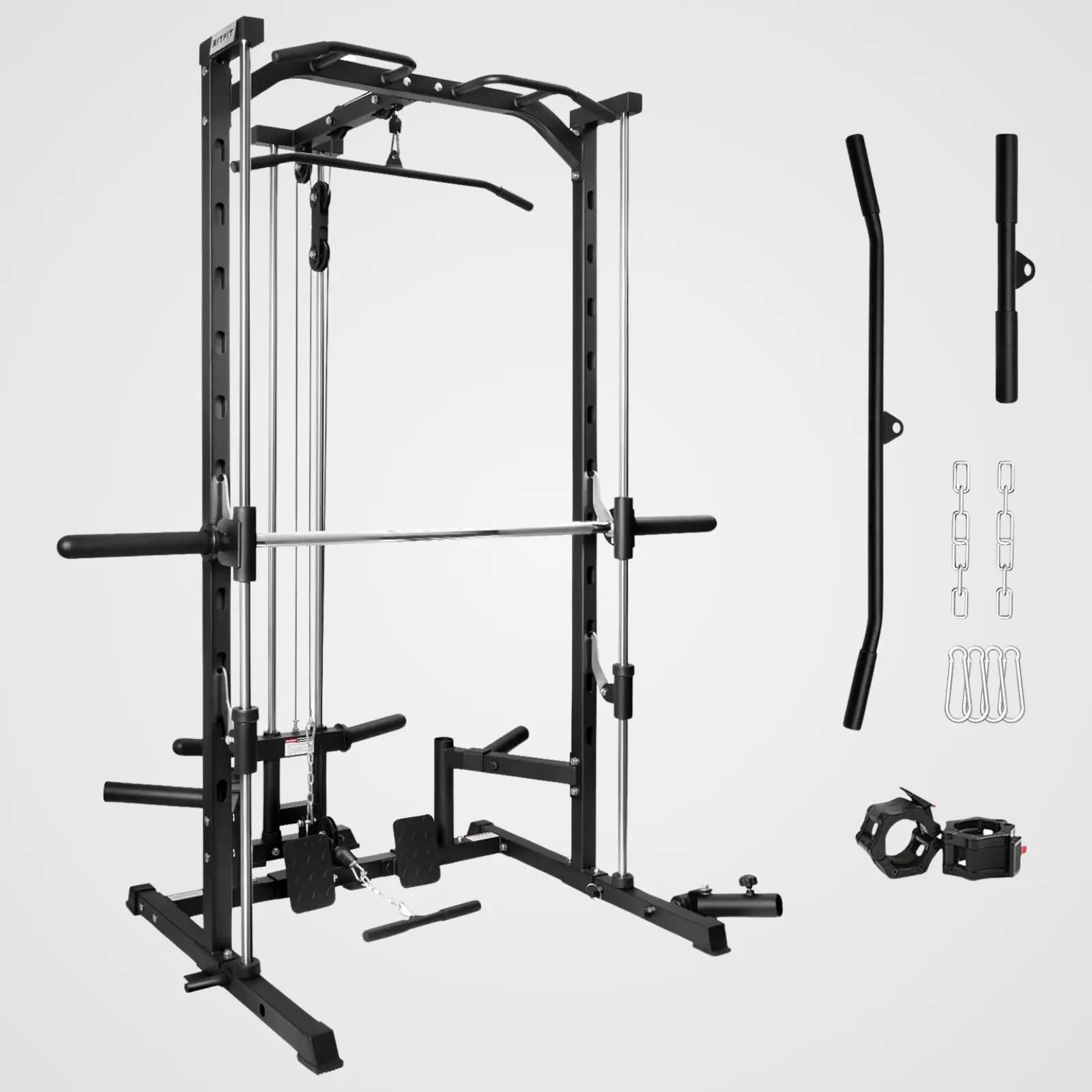 Barbell for home use-Smith Machine Power Rack with LAT-Pull Down System, Landmine, Barbell Bar, Plate Storage Pegs and More Training Attachment