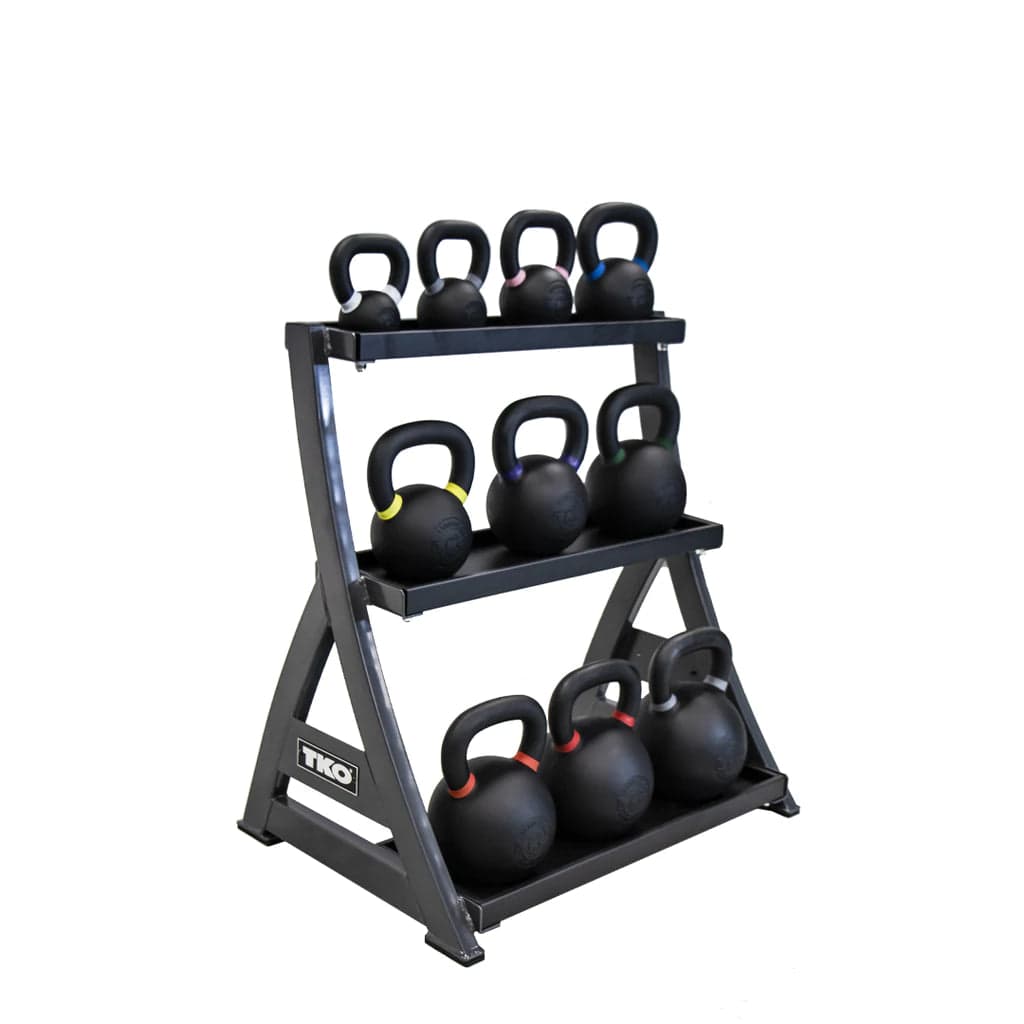 Kettlebell with firm grip-TKO 3 Tier Kettlebell Rack 856KR with Full Kettlebell Set