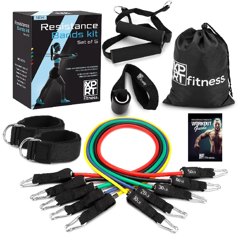 Multi-station home gym for compact dwellings-XPRT Fitness 11-Piece Resistance Bands Set - Home Gym Equipment with Door Anchor, Handles & Ankle Straps (10-150 lbs) - Workout Bands for Strength Training, Physical Therapy & Exercise - Men & Women