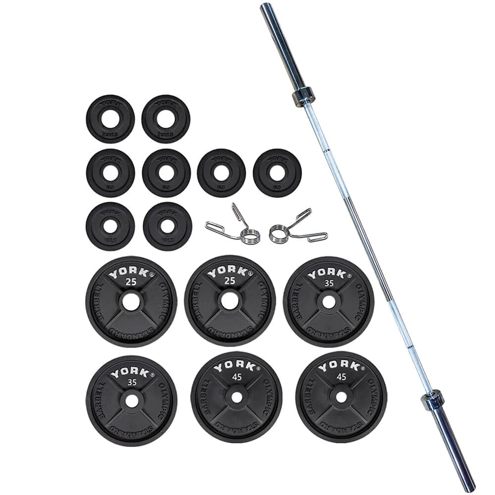 Barbell for core endurance-York Barbell 300LB Cast Iron Olympic Plate and Barbell Set