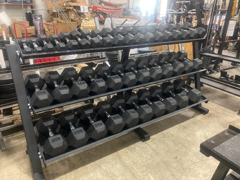 Barbell with tough build-York Barbell 5-120lb Dumbbell Set w/ York 3 Tier Dumbbell Rack - Used