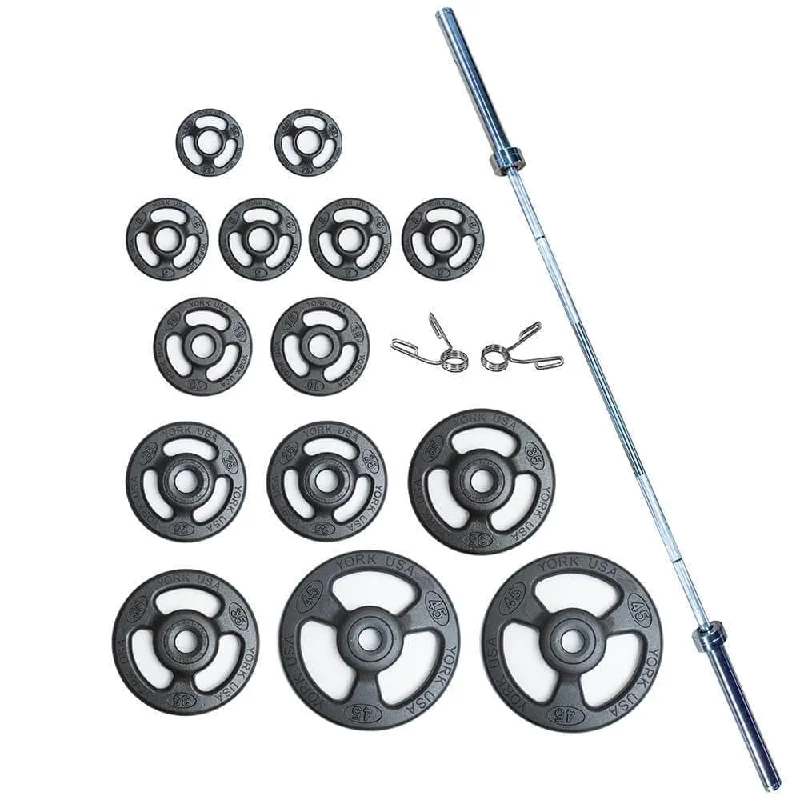 Barbell for garage power-York Barbell Steel ISO-GRIP 300lb Plate and Barbell Set